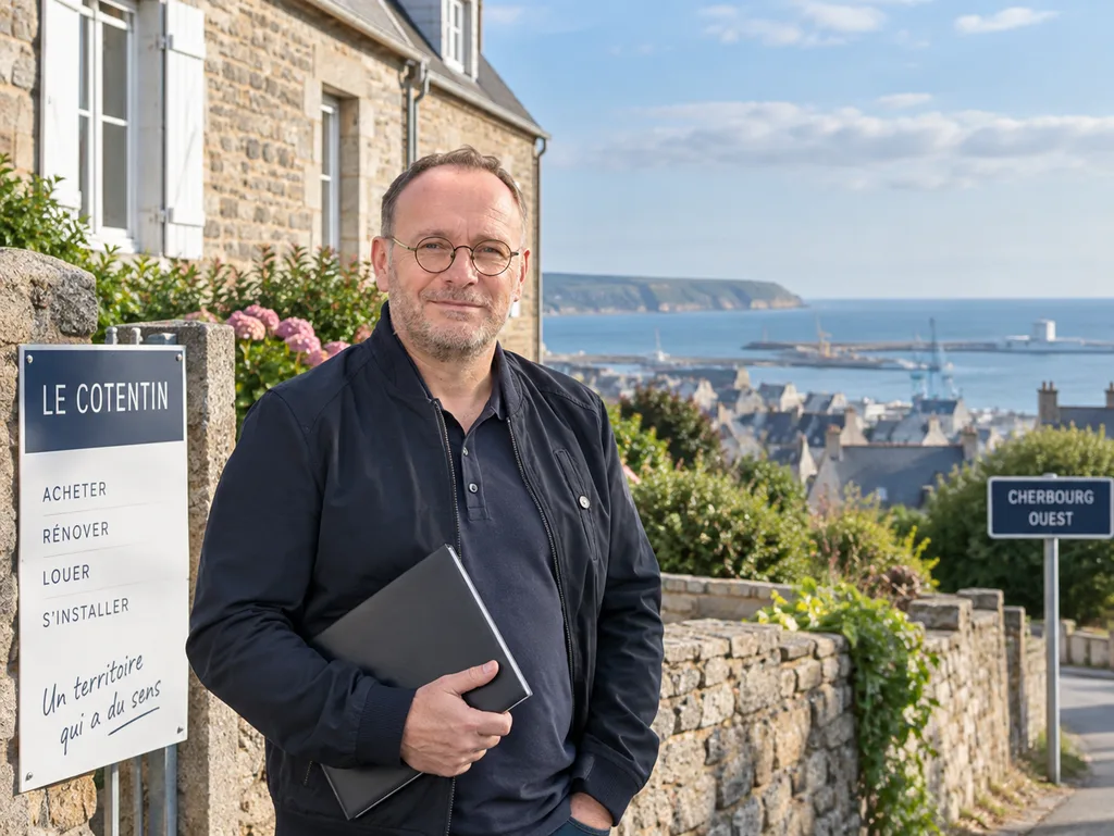 Conseiller immobilier indépendant devant une maison à Cherbourg-en-Cotentin