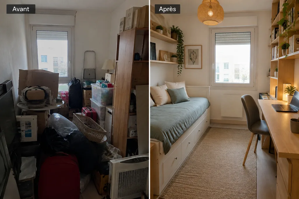 Avant après d’une petite chambre transformée en chambre-bureau fonctionnelle et lumineuse