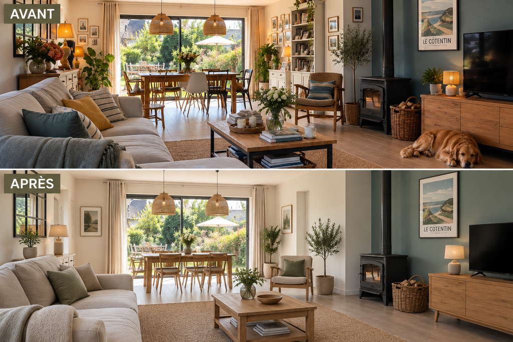 Avant après désencombrement d'un séjour pour un home staging