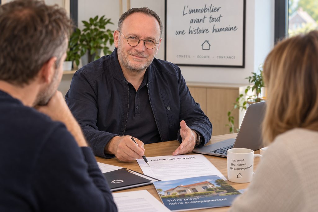 Sébastien Lecarpentier accompagne des vendeurs lors de la préparation d’un compromis de vente à Cherbourg.