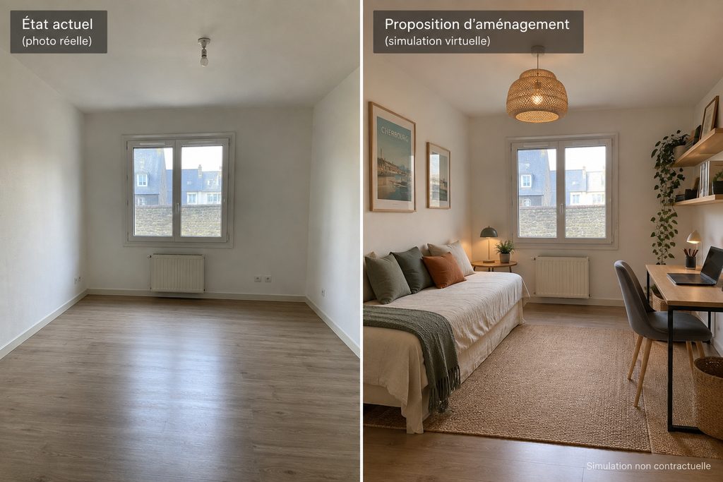 Exemple de home staging virtuel avant et après aménagement d'une pièce