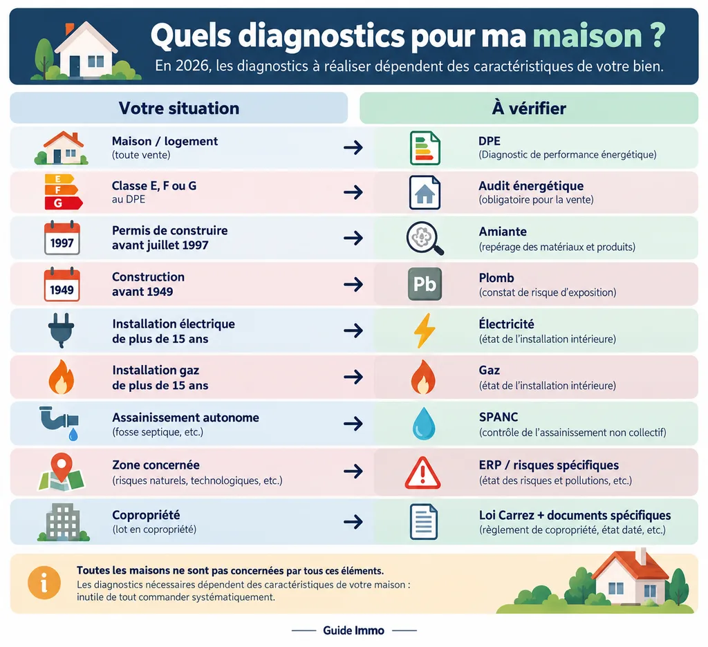 Schéma des diagnostics à vérifier selon l'âge, les équipements et la situation de la maison