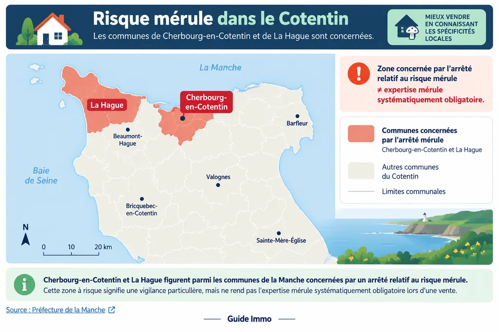 Carte de Cherbourg-en-Cotentin et La Hague concernées par le risque mérule