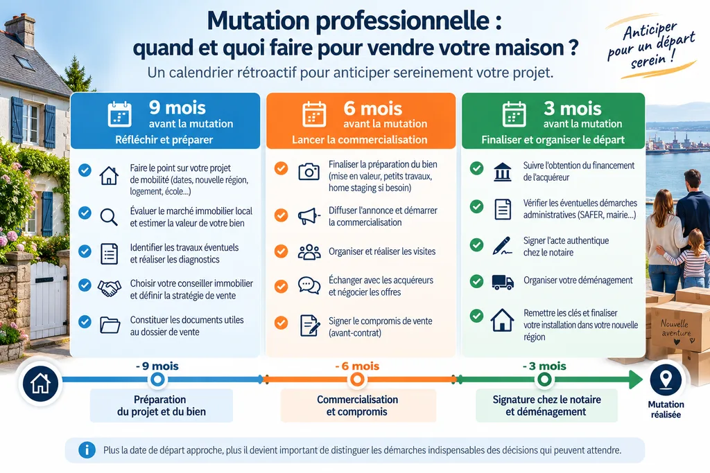 Calendrier des démarches à prévoir neuf, six ou trois mois avant une mutation professionnelle