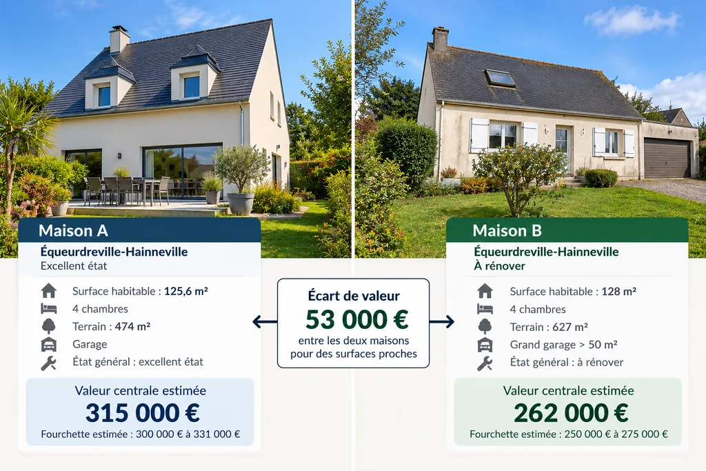 Comparaison de deux maisons familiales fictives à Équeurdreville-Hainneville illustrant un écart de valeur estimée de 53 000 €.