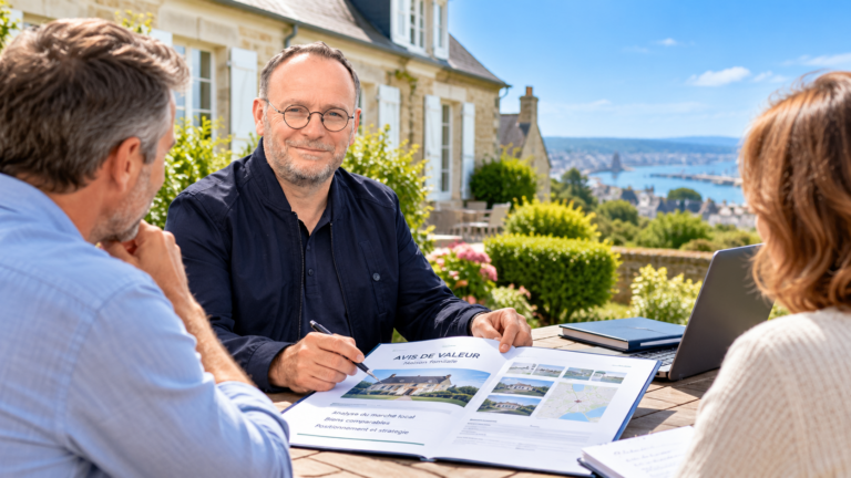 Conseiller immobilier présentant un avis de valeur à des propriétaires devant une maison familiale à Cherbourg-en-Cotentin.