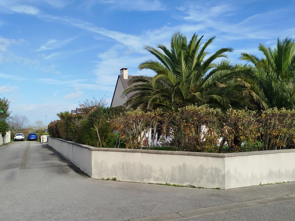 Jardin d'une maison familiale, avec terrasse abritée et espace extérieur entretenu.