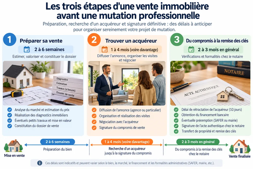 Calendrier des trois étapes d'une vente immobilière avant une mutation professionnelle