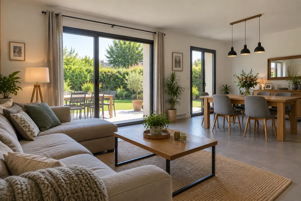 Pièce de vie lumineuse et bien rangée d’une maison familiale, avec salon et salle à manger ouverts sur un jardin verdoyant.