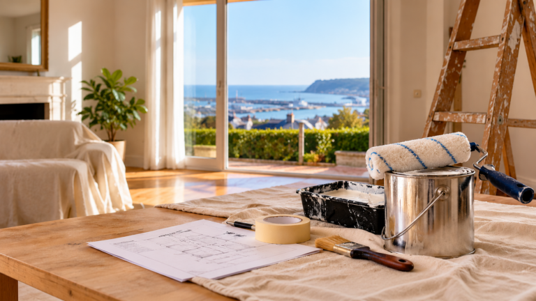 Séjour en cours de rafraîchissement avec matériel de peinture avant une vente immobilière