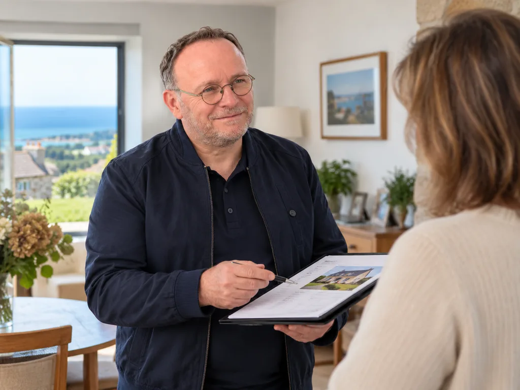 Sébastien Lecarpentier échange avec une propriétaire lors d’un rendez-vous immobilier à La Hague
